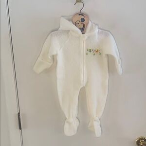 JCPenney Toddle Time white knit one piece jacket,  fur trimmed hood Sz 1/2 - 1